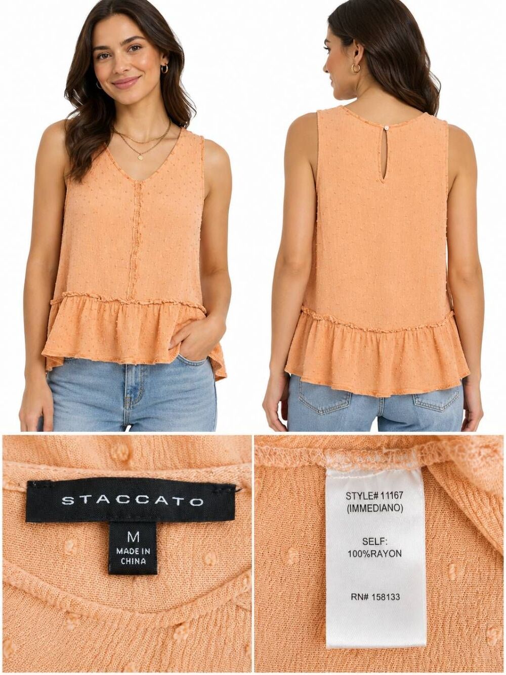 Staccato Peach Swiss Dot Sleeveless Ruffle Hem Tank M